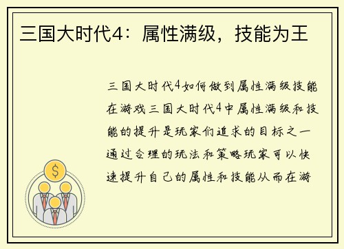 三国大时代4：属性满级，技能为王